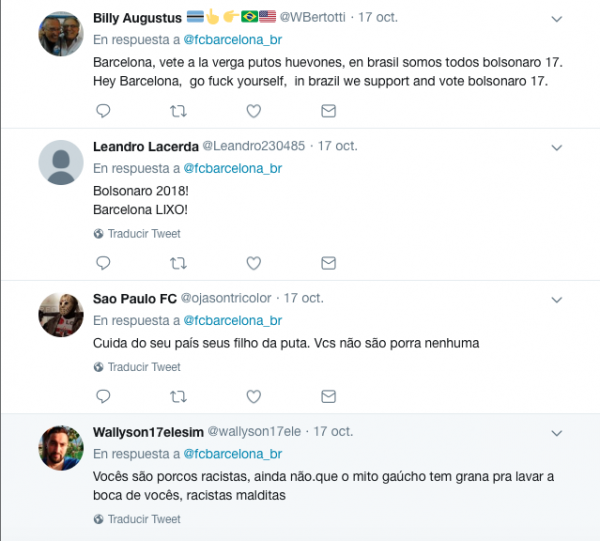 Exemplos de algumas mensagens enviadas ao Barça por seguidores do Bolsonaro 